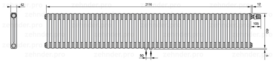 Схема (чертеж) Радиатор Zehnder Charleston 2045/46 №V008 Белый глянцевый RAL 9016